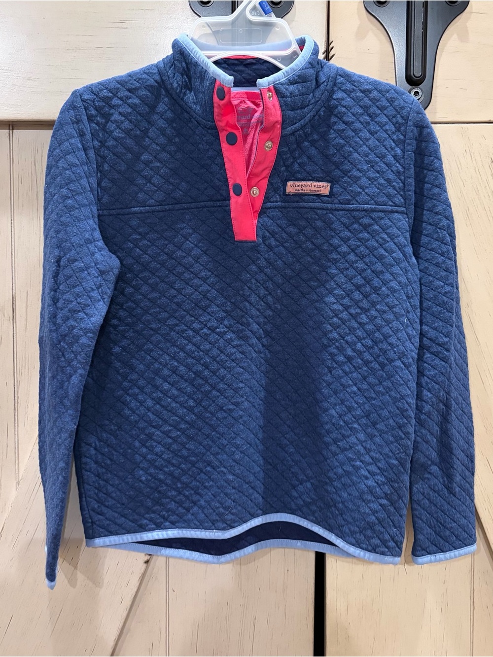 Vineyard Vines Navy Quilted Pullover with Pink Snap Placket Size 10 - 12